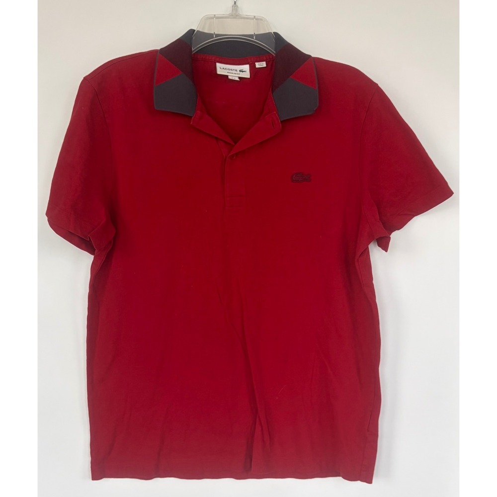 Lacoste Mens Polo Shirt S/M‎ Red Contrast Collar Geometric Croc Logo Regular Fit
